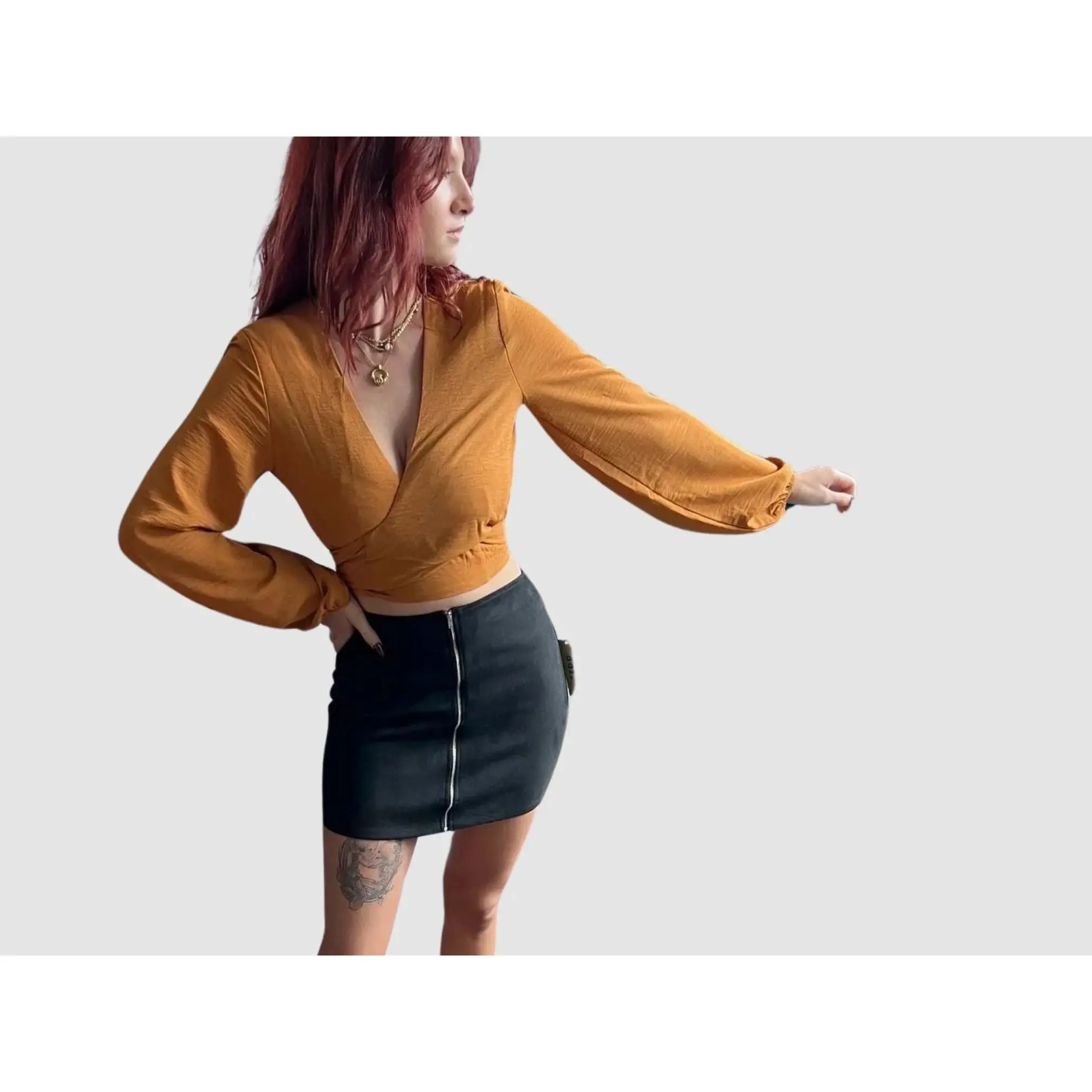 The Twist Copper Long Sleeve Crop Top with Front Twist and Tie Detail Fitted Vneck Shirts for Women Casual & Dressed Up Wear