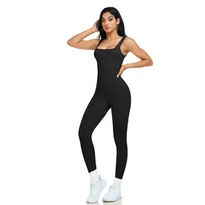 Womens Workout Rompers Jumpsuits Seamless Ribbed Yoga Gym One Piece Sleeveless Square Neck Tank Top Leggings Unitard