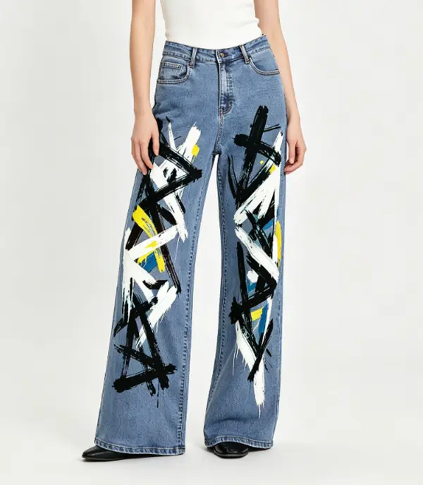 Light Wash High Waist Dual Leg Bold Black White Yellow Brush Splash Abstract Cross Graffiti Print Wide Leg Jeans Women Modern Indie Edgy Street Loose Bootcut Denim Trousers, Paint Stroke Printed Design
