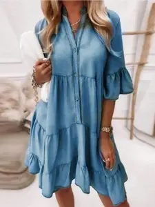 Women's Shiny Denim Dress - US Shipping, Casual V-Neck Ruffle Short-Sleeve Summer Style, Chic High-Waist Minimalist Bohemian Design, Formal-Casual Wear, Statement Matching Accessories Compatibility