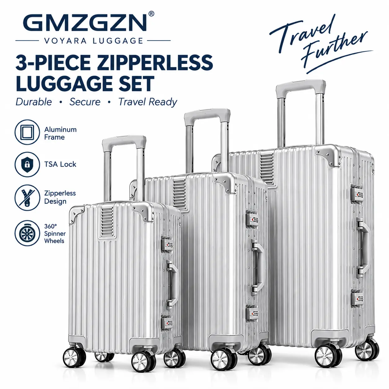 GMZGZN 3-Piece Zipperless Luggage Set, Aluminum Frame PC Hardshell Suitcases with TSA Lock, 20/24/28 Inch Spinner Wheels essential cabin