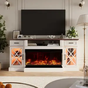 REDLEMON 70" Wall-Mounted Rustic TV Stand – 36" Electric Fireplace, 2 Glass-Front Cabinets & 4 Drawers, Open Shelves, Farmhouse Entertainment Center / Media Console for Living Room