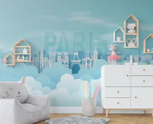Dreamy Parisian Escape: Blue and Teal Vector Peel and Stick Travel Wallpaper - Eiffel Tower Chic for Your Room