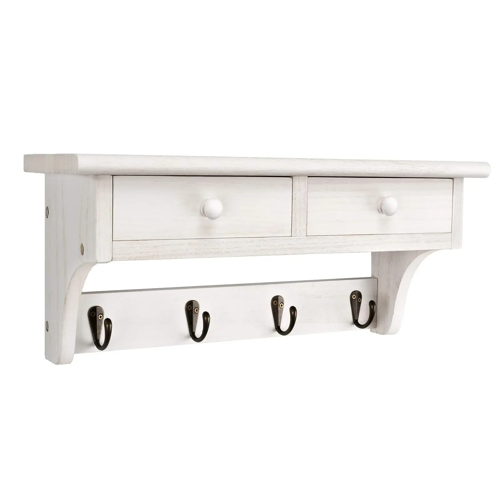 Wall Mounted Coat Rack with Shelf for Entryway, Rustic Wood Coat Hooks, Farmhouse Floating Wall Shelf with Metal Hooks for Hats, Bags, Keys, Towels, Dog Leash, Bedroom, Mudroom, Bathroom, White, 17 Inch
