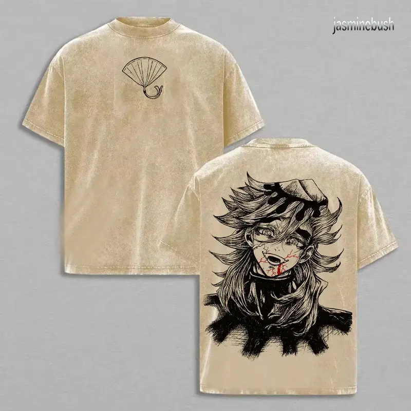 Douma Upper Rank 2 Demon Slayer T-Shirt Acid Wash Vintage Oversize Heavy Cotton Unisex Anime Manga T-Shirt Washed Retro Villain Graphic Tee Creepy Cult Dark Streetwear