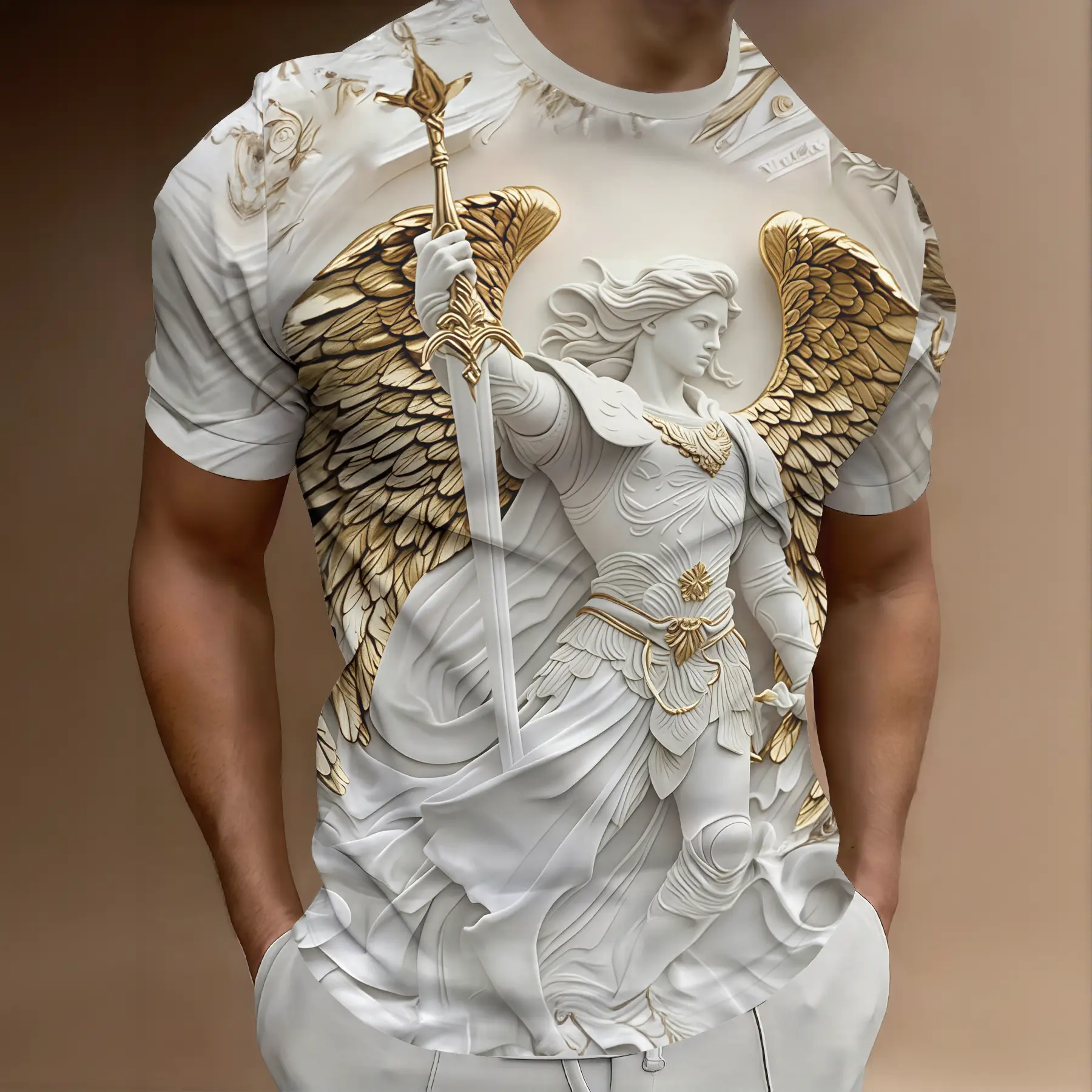 Men's Crew Neck Graphic T-Shirt - Archangel Gold Wing 3D Print, Breathable Relaxed Fit, Fashion Streetwear, Casual Short Sleeve Tops for Outdoor Wear