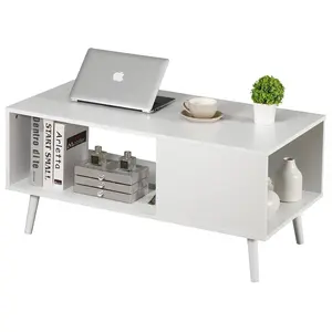 Zeny Modern Rectangular Coffee Table - Waterproof Living Room Table with Deep Shelves, Neutral Look, Tapered Legs, Versatile Console/Sofa Side Accent Piece, White, Living Room Tables