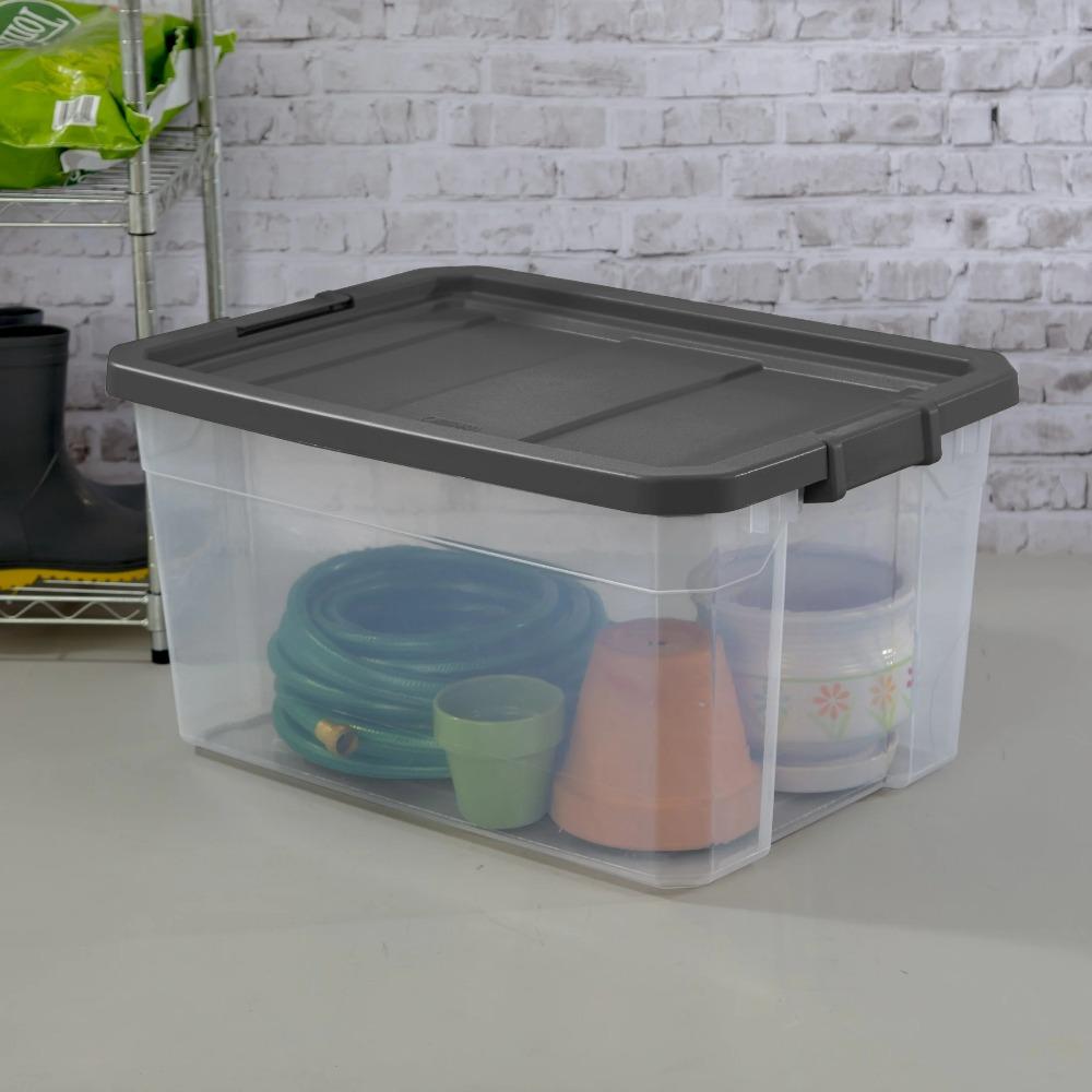(2 pack) Sterilite 76 Quart Stacker Box, Durable Clear Plastic Storage Bin with Latch Lid, Dark Gray