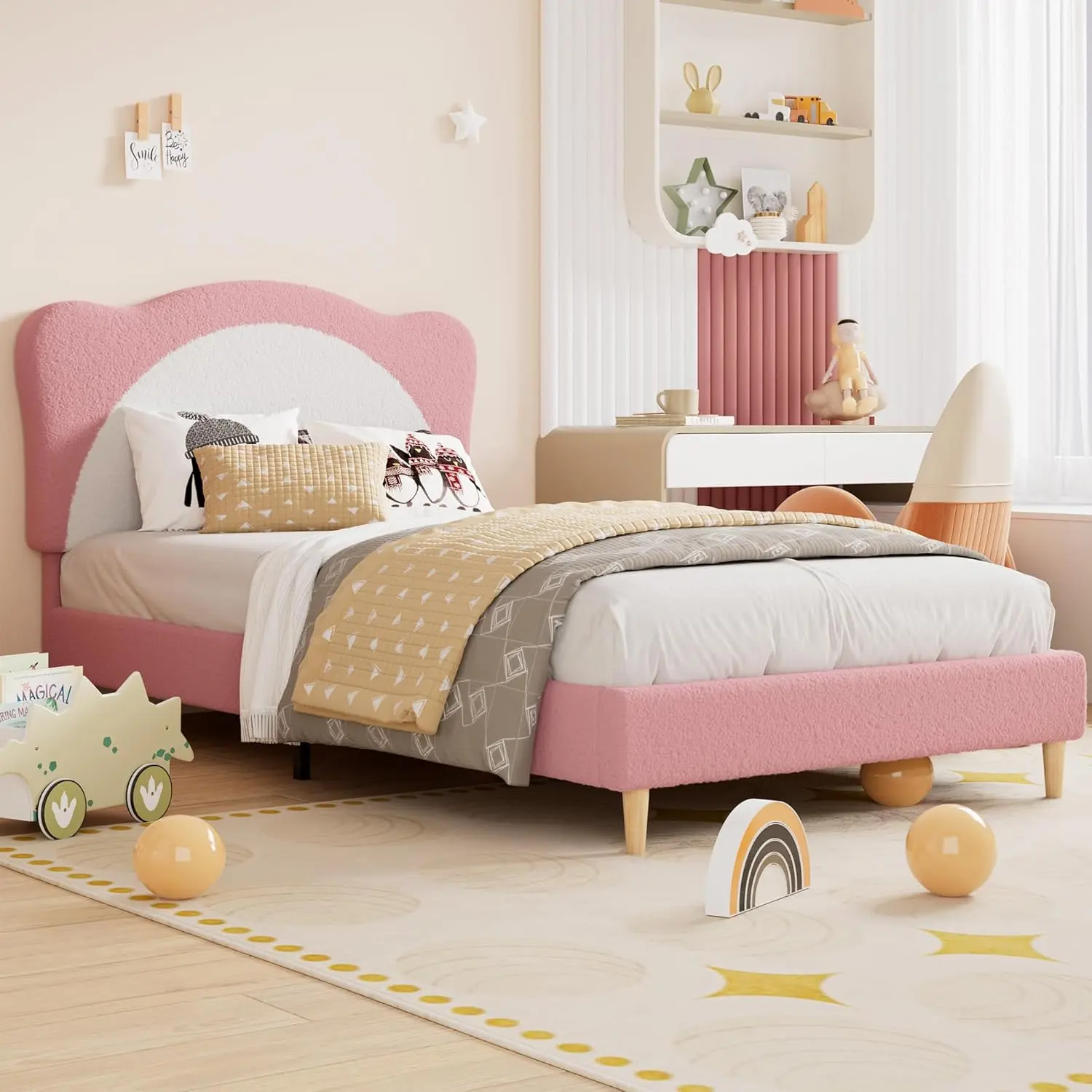 Kids' Twin Wooden Bed Frame - Fabric Upholstered Adjustable Scallop Headboard, Velvet Platform, No Box Spring Needed, Pink + White, Fabric Upholstered Headboard
