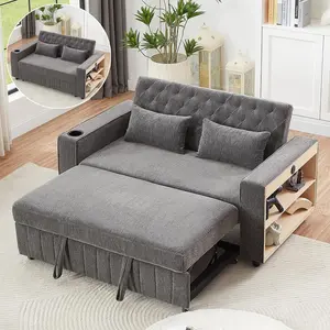 3 in 1 Convertible Loveseat Sleeper Sofa Bed , 61.4" Chenille Upholstered Futon Love Seat Sofabed with Adjustable Backrest, Pull Out Couch Bed Sofacama with Storage Shelves ,Cup Holder for Living Room