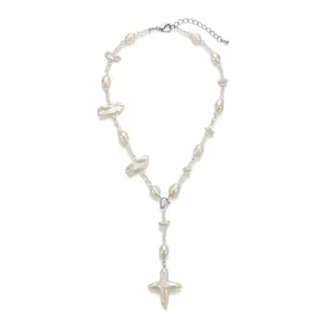 Cross Long Chain & Baroque Pearl Necklace for All Eternal Symbol Statement Jewelry