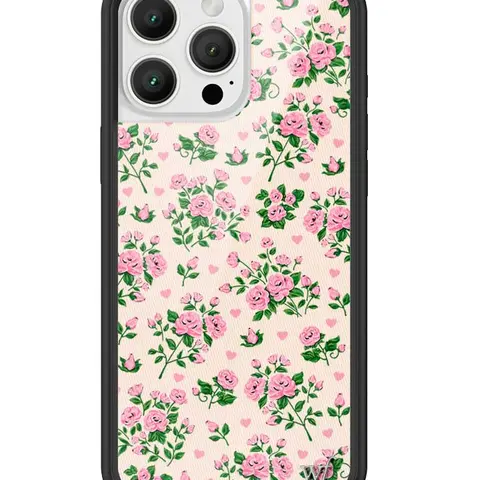 Wildflower Cases Pinky Promise Limited Edition Handmade Unique Polyurethane Casing for iPhone - Pastel Background, Green & Pink Flower Bouquets, Hearts, Raised Black Bumper, Shockproof Durable, Silver WF Emblem, Women's Owned Small Business Gift for Her