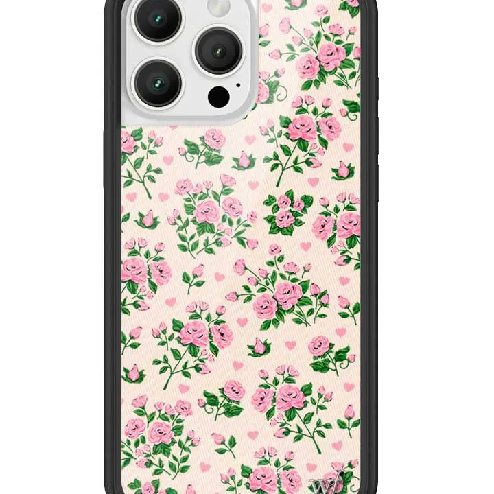 Wildflower Cases Pinky Promise Limited Edition Handmade Unique Polyurethane Casing for iPhone - Pastel Background, Green & Pink Flower Bouquets, Hearts, Raised Black Bumper, Shockproof Durable, Silver WF Emblem, Women's Owned Small Business Gift for Her