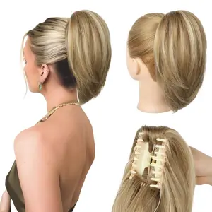 ponytail extension 10 short claw clip in hair extensions messy bun soft synthetic straight pony tail s for women dark en blonde with highlights