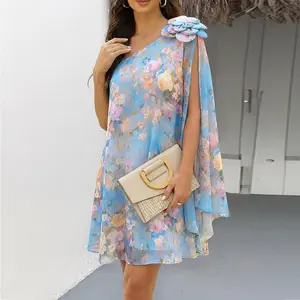 ChicMe Women's 3D Floral One-Shoulder Dress Flowy Split Sleeve Chiffon Mini Dress/Summer Dress Romantic A-Line Party Dress