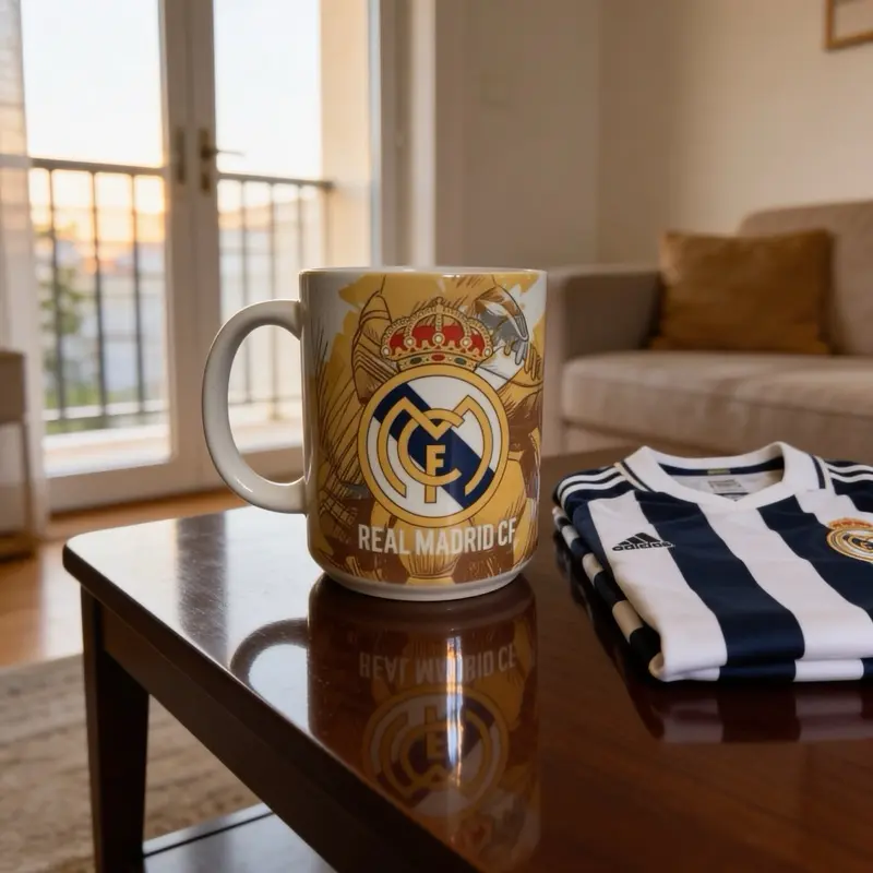 15 oz Official Madrid CF Ceramic Coffee & Tea Cup - Reusable Collectible Beverage Mug, Washable, Gold Logos Print, Ideal Birthday Gift for Fans