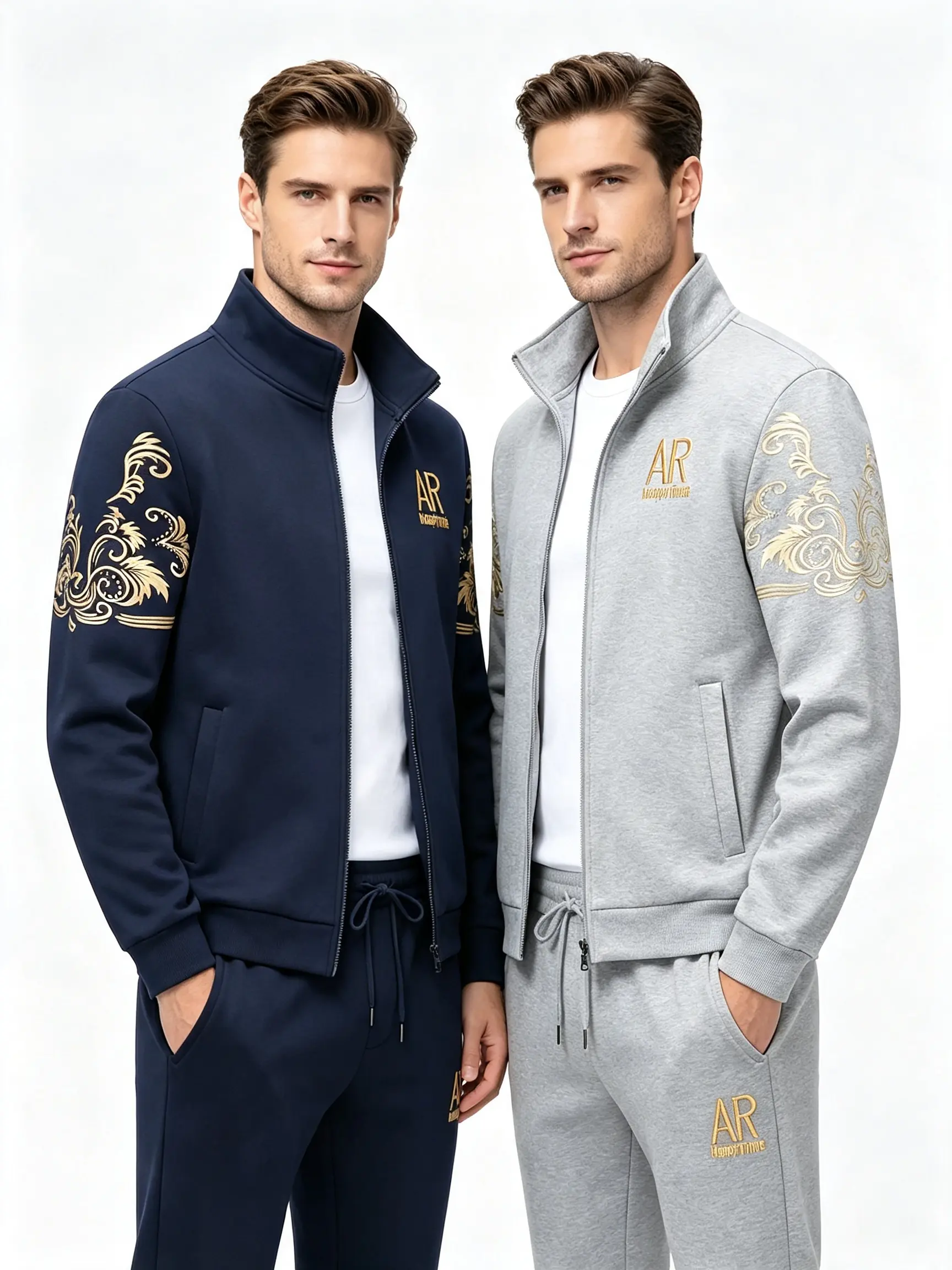 Men’s 2-piece luxury athletic set featuring gold floral embroidery, including a stand-collar, full-zip windproof jacket + drawstring sweatpants, casual sportswear with AR logo print, suitable for everyday workouts, walks, or streetwear looks.