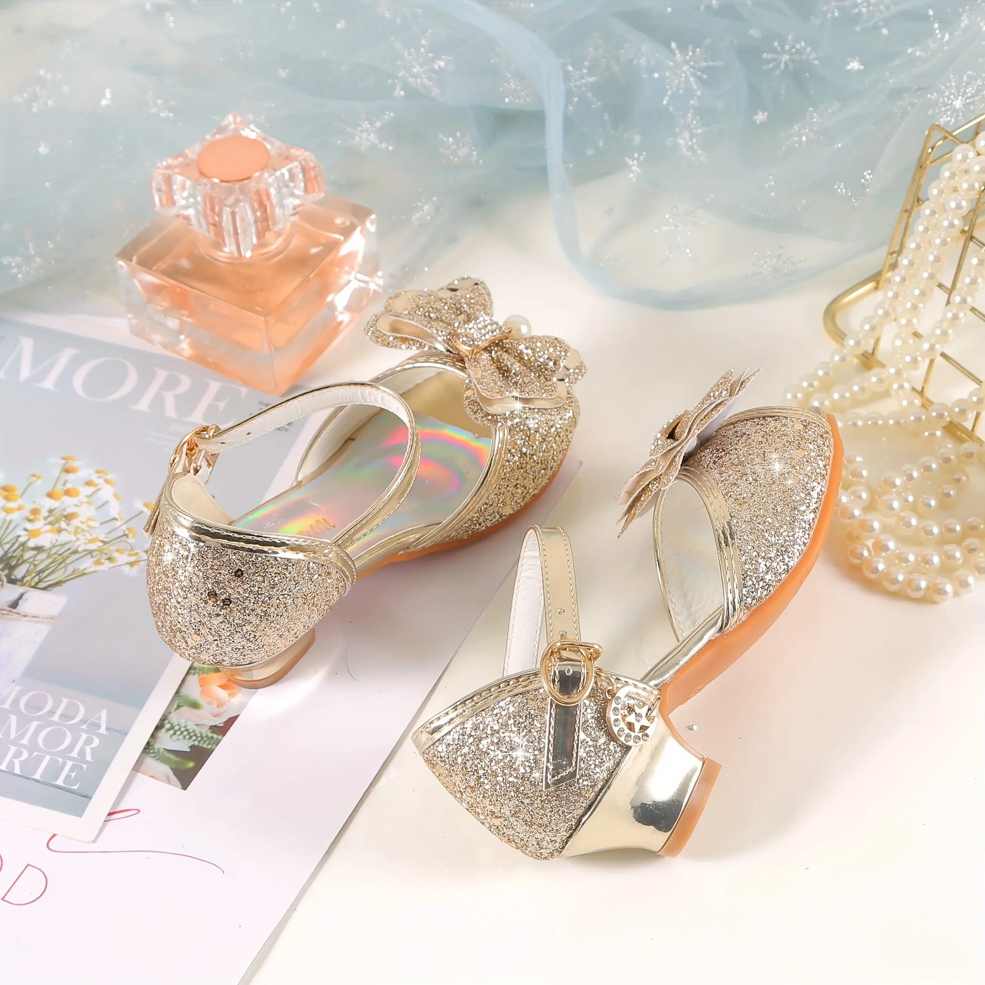 2024 Summer Fashion Girls Crystal High Heels-Cute Bow Princess Sandal Strap Ankle Strap, Breathable Microfiber Imitation Leather Suitable for Daily and Party Wear
