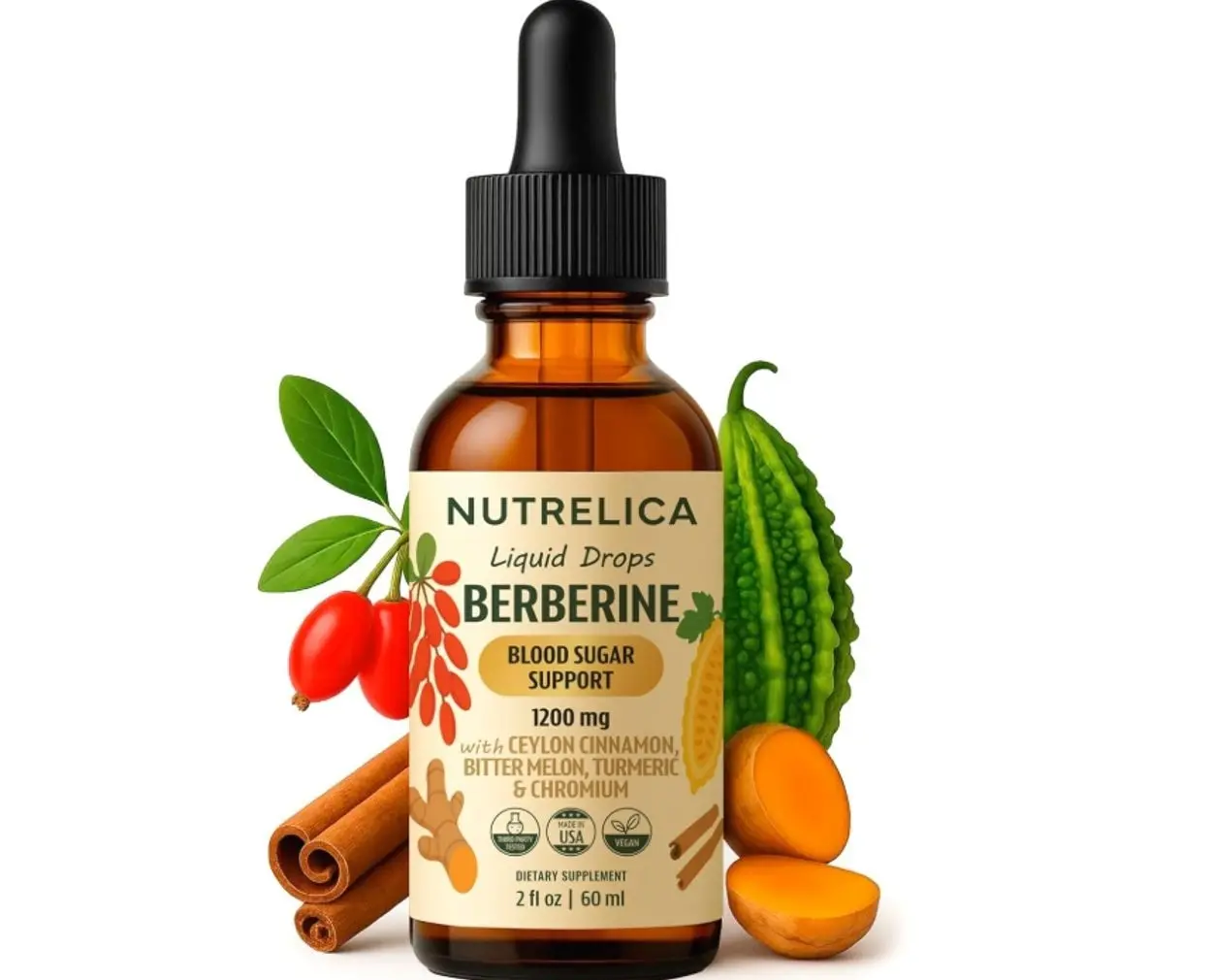 Berberine with Ceylon Cinnamon, Bitter Melon, Turmeric & Chromium – Blood Sugar Balance & Glucose Metabolism – 1200mg, No Sugar, Vegan, Non-GMO