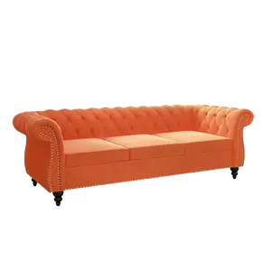 Giratree Furniture 84" Orange Velvet 3-Seater Sofa | Plush Tufted Back + Rolled Arms + Nailhead Trim | Chesterfield Couch for Living Room, Lounge & Studio