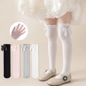 (New)4 Pairs Girls' Reversible Bow Calf Socks - Breathable Mesh, Spring & Summer |     Perfect for Christmas Festive Outfits & Daily Wear! #   ChristmasKidsWear #   ReversibleBowSocks #   GirlsBreathableMeshSocks