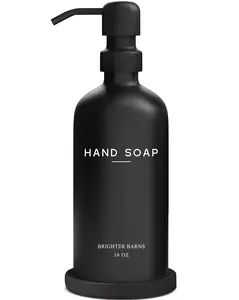Black Glass Hand Soap Dispenser Bathroom Set - Bathroom Soap Dispenser Set with Tray and Stainless Steel Pump - Modern Decor for Kitchen, Hotel, Vacation Rental, Restaurants (Black)