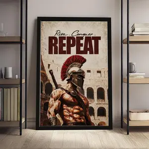 Spartan Warrior "Rise Conquer Repeat" Canvas Wall Art, Motivational Gladiator Print, Gym & Man Cave Decor, Framed/Unframed Option