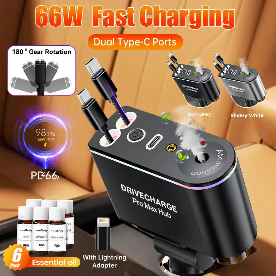 XHj Multi-purpose Intelligent Car Charging Hub  with Aromatherapy Diffuser & Starry Sky Light, Compatible with iPhone/Android | Intelligent Sensing Auto-On, Dimmable Galaxy Projection, Essential Oil Diffuser, Fast USB-C Charging for Car Interior Ambiance
