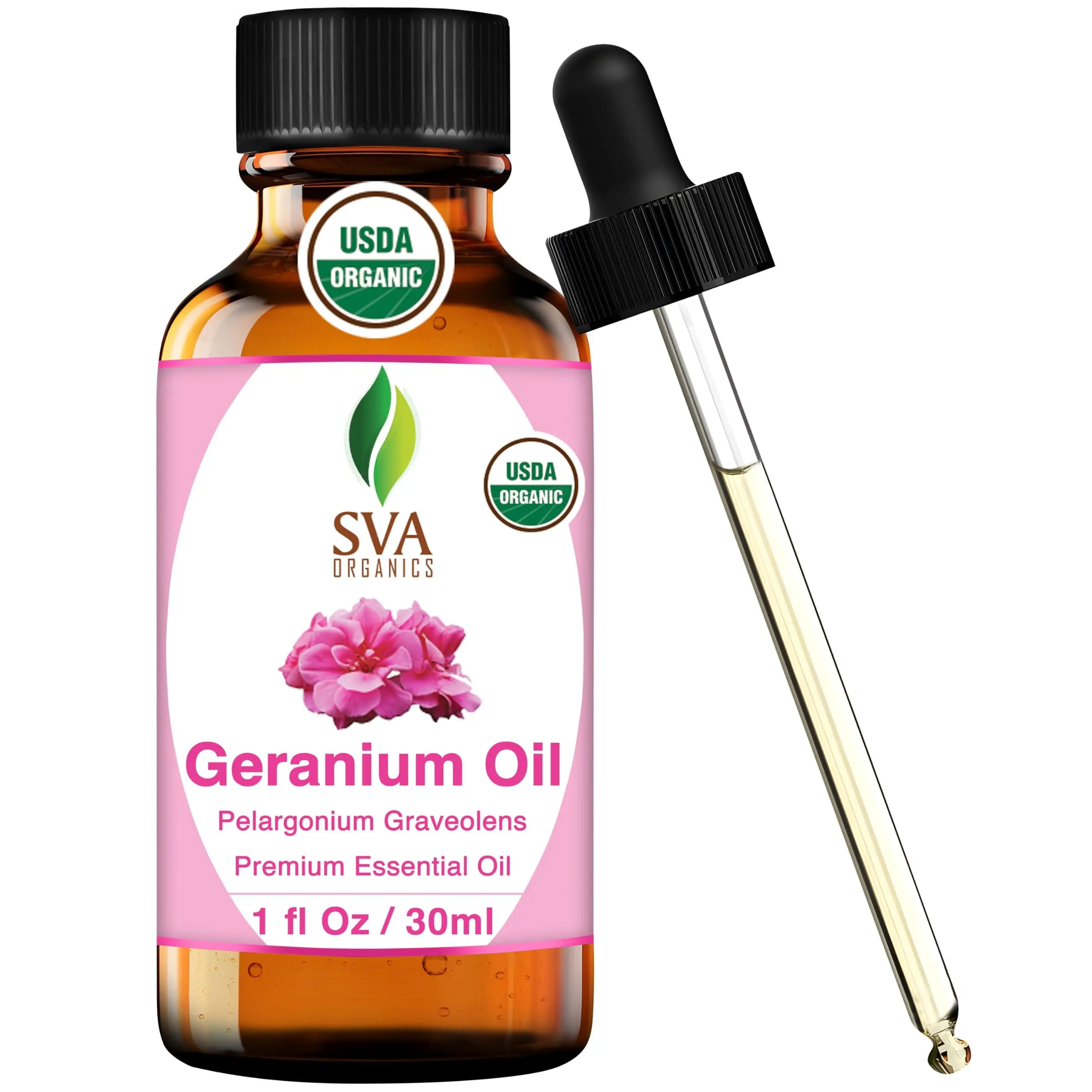 SVA Organic Geranium Essential Oil - 1 Fl Oz with Dropper, 100% Natural Floral Perfume, Aromatherapy Diffuser Use, Health & Wellness Support for Therapeutic & Cosmetic Skin Care