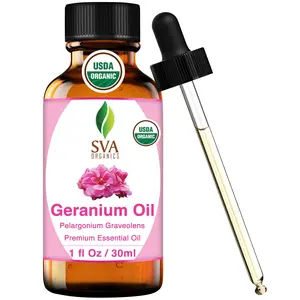 SVA Geranium Essential Oil Organic – 1 Fl Oz – 100% Natural Organic Geranium Oil - for Diffuser, Hair Care, Face, Skin Care, Aromatherapy, Scalp and Body Massage, Soap and Candle making – with Dropper