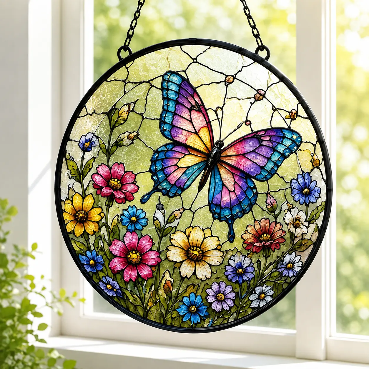 Butterfly & Wildflowers Acrylic Suncatcher, Colorful Stained Glass Style Window Hanging Decor, Floral Garden Sun Catcher, Nature Lover Gift, Home Window Ornament