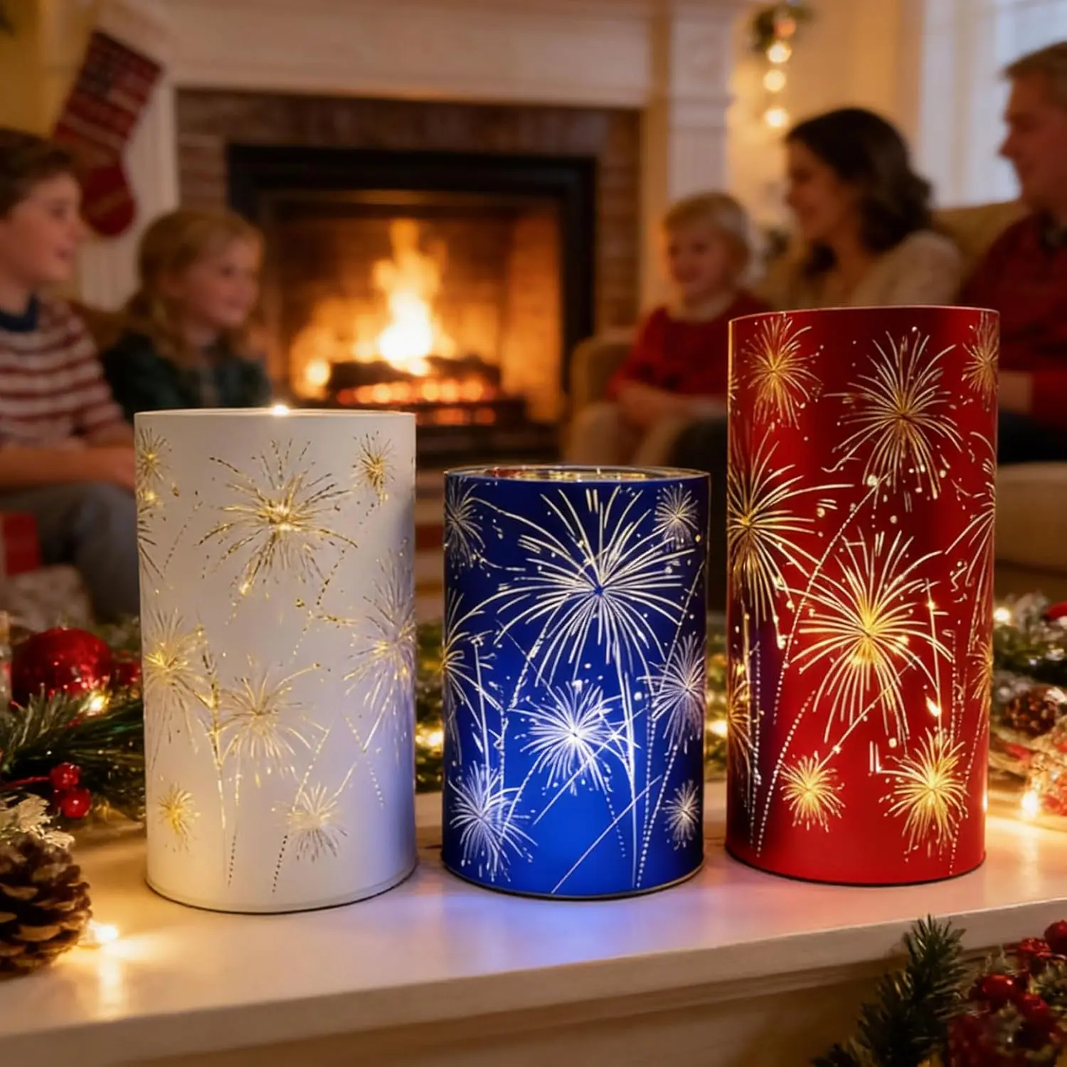 Premium 3-Piece Patriotic Red-White-Blue Cordless Glass Hurricane Lantern Set - Firework Patterned Starry Night LED Lights, 4th of July Tabletop Mood Lighting, Indoor Wedding Holiday Gift Decor, Anniversary