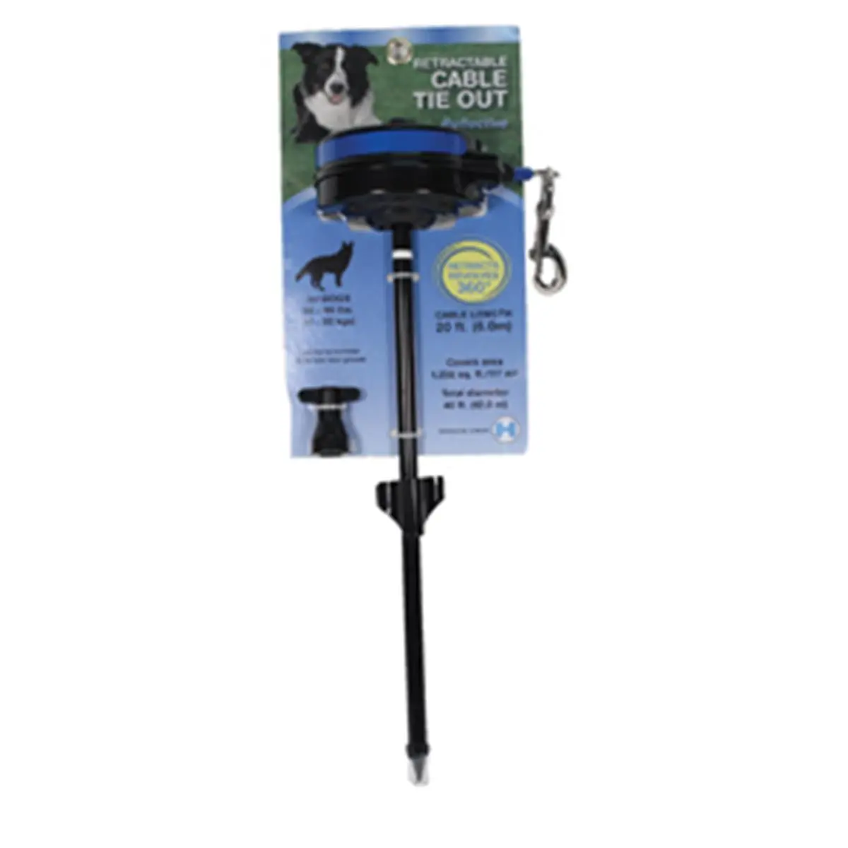 212 MAIN Reflective Retractable Dog Leash with Stake, 360-Degree Visible Cable Tie-Out, Outdoor Safety Pet Accessory, Black & Blue, 25-80 lbs Capacity