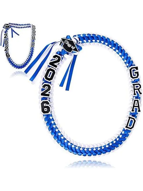 Class of 2026 Unisex Graduation Lei - Double-Braided Polyester-Synthetic Ribbon Necklace with Grad Letters, Cap Patch, Lei Wreath - Festive Ceremony Accessory, Grad Photo Prop