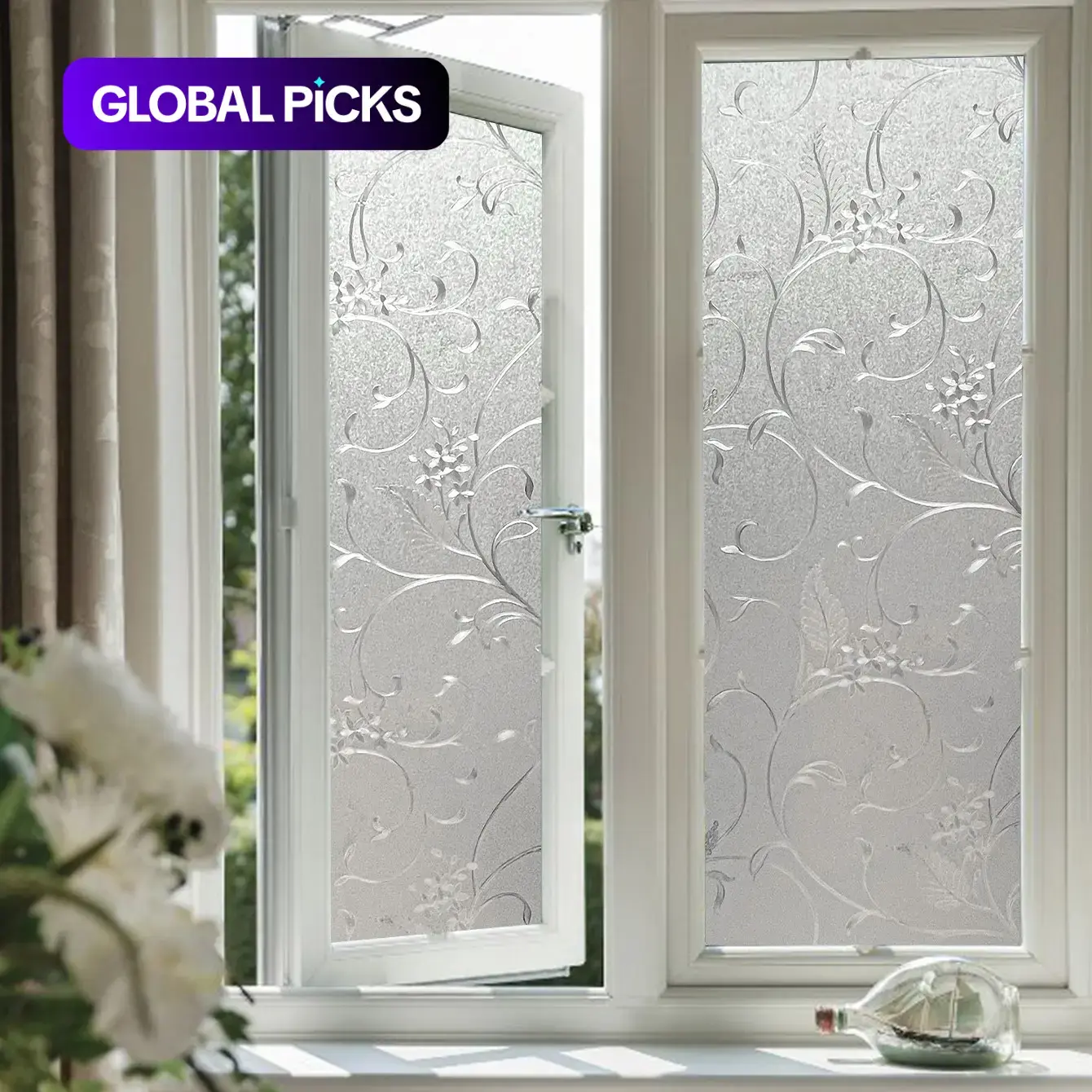 Floral Pattern Removable Window Sticker, Static Adhesive Glass Privacy Film, Insulation UV Protection Decorative Decal, Door & Window Decoration #GLOBAL PICKS