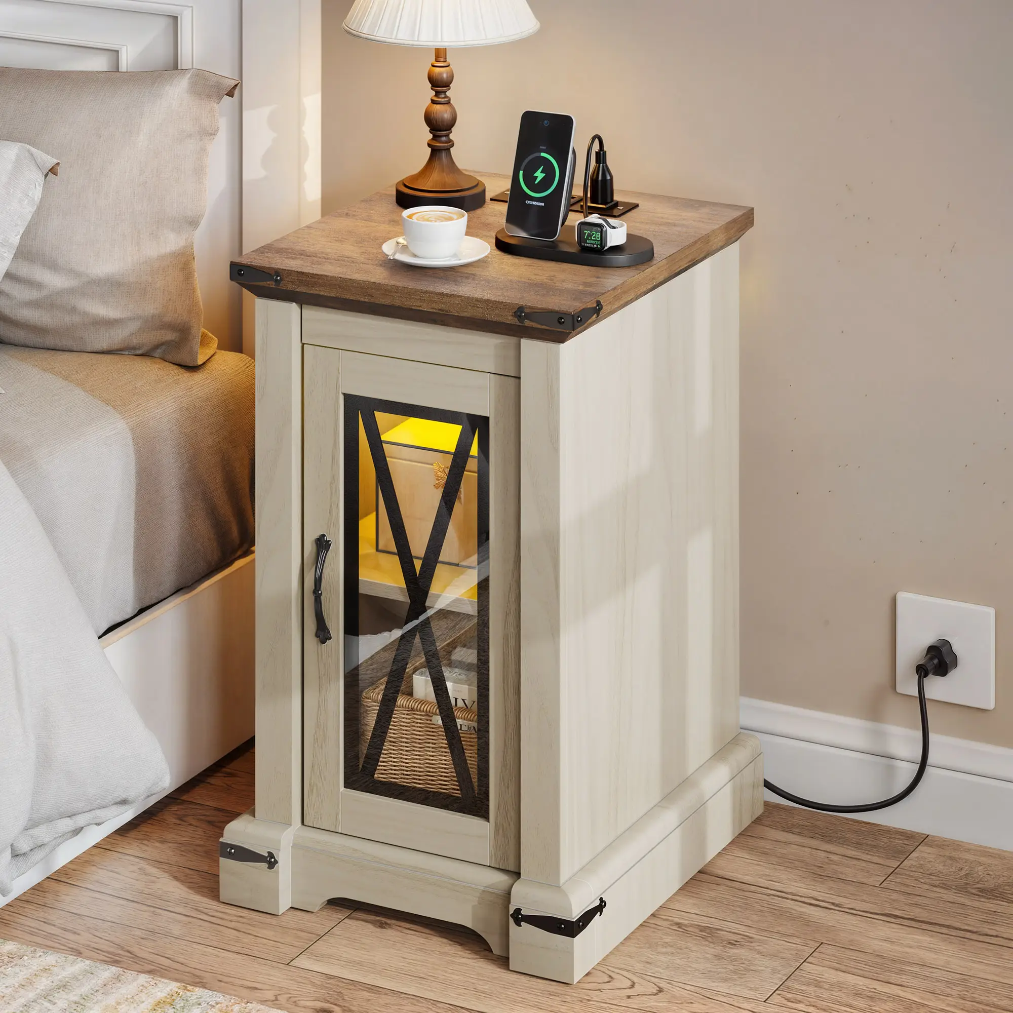DWVO Farmhouse End Table Bedside Table with LED Lights, Nightstand with Charging Station, Adjustable Storage Shelf Sofa Side Coffee Table for Bedroom,