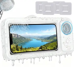 Shower Phone Holder Waterproof with Speaker and Key Control, Wall-Mounted Water Proof Anti Fog Case, Built-In Wireless Speaker, 360° Rotatable, Extendable and Adjustable, Waterproof Screen Touch