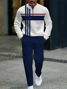 Men's Casual Sportswear Set, Streetwear Tracksuit Set, Training Tracksuit, Sports Clothing Set, Striped Patchwork Design, Half-Zip Long Sleeve Tee + Comfortable Pants, Ideal for Daily Wear & Sports