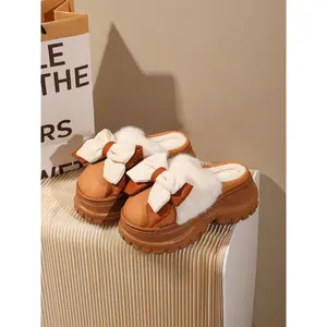 Women's Winter Cartoon Cotton Stitched Slippers, Thick Sole Warm Indoor Shoes, Fleece Lined Home Slippers with Cute Bow Design(Sheets)