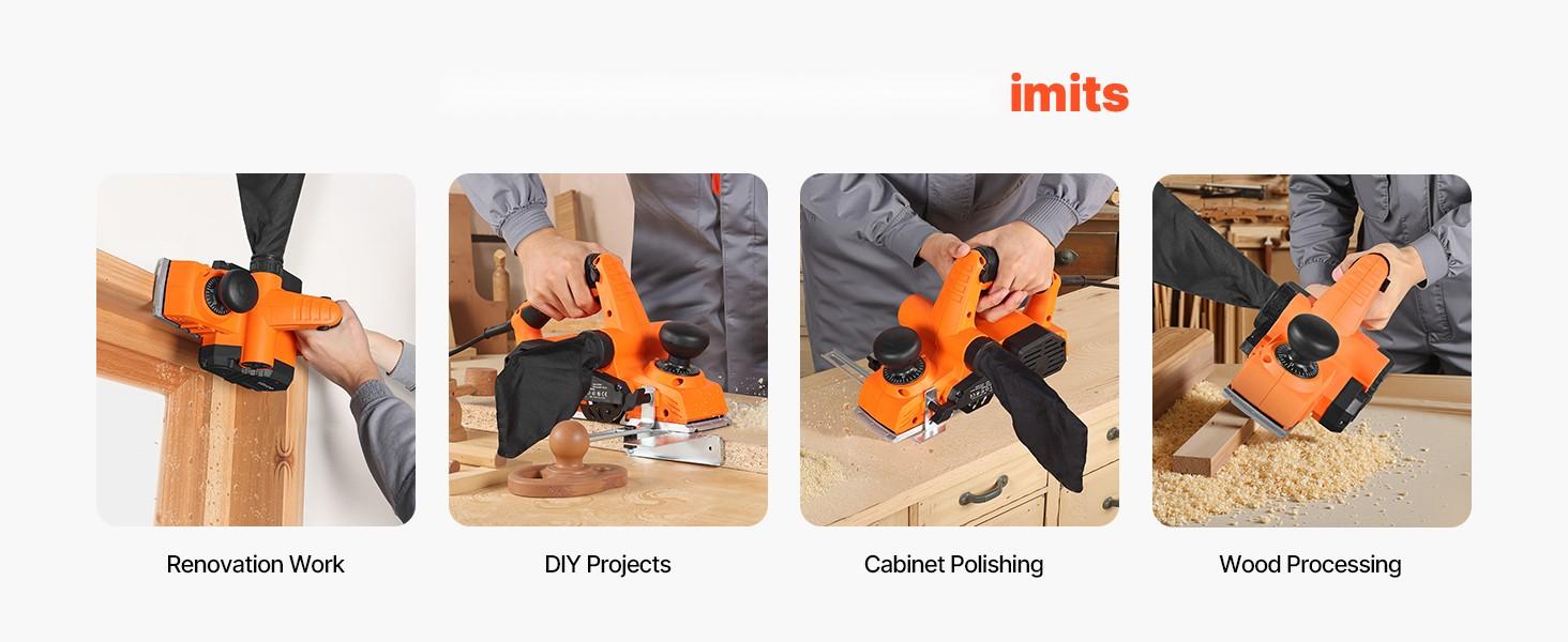 Electric Hand Planer 3-1/4-Inch Cut Width, 7 Amp 14500 RPM Corded Power Handheld Planer for Woodworking, Adjustable Cutting Depth, 2 Replacement Blades, Chamfering and Smooth Finish for DIY Carpentry Projects