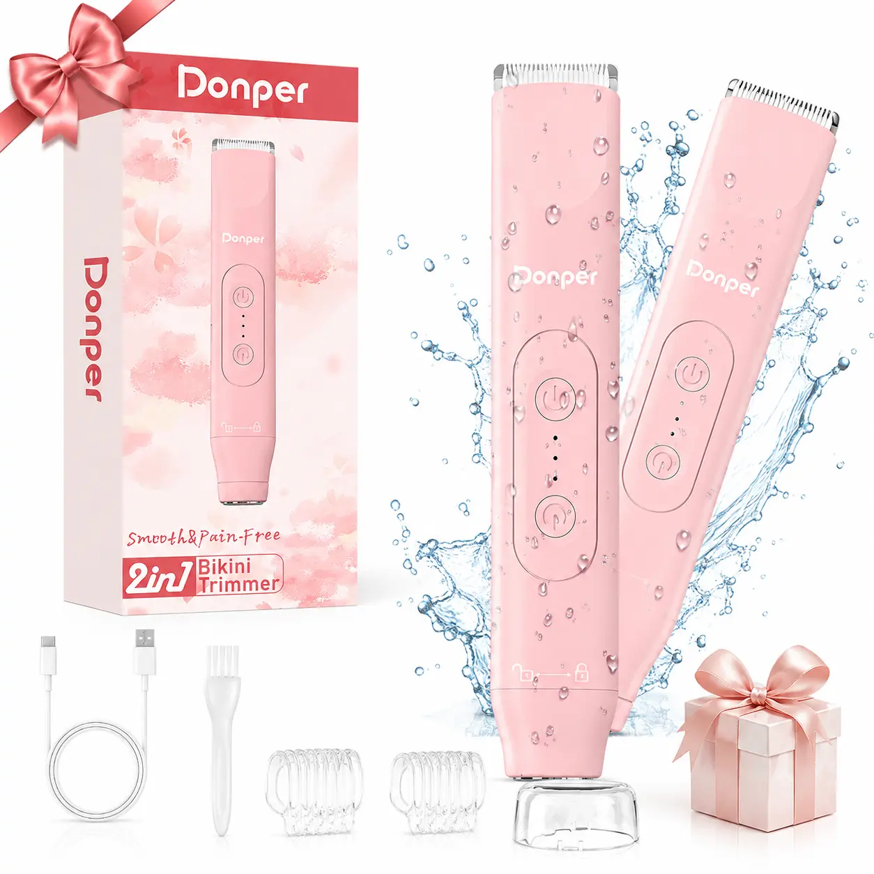 Donper Women's 2-in-1 Electric Waterproof Trimmer & Foil Shaver - IPX7 Rated, Shower-Safe Use, Painless Shave, Hypoallergenic Ceramic Blades for Underarms Legs, Travel-Friendly Gift for Wife