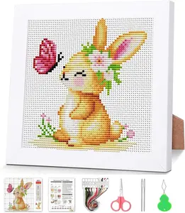 Rabbit Cross Stitch Kits for Beginners,Stamped Cross Stitch for Adults with Framed,Crafts for Girls 8-12 Embroidery Kit Partial 11CT Cross-Stitch Arts and Crafts for Adults 6.7x6.7inch