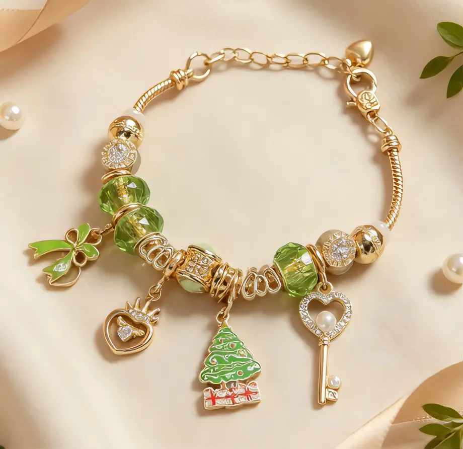 Elegant Gold Tone Charm Bracelet with Green Beads, Heart, Key, and Christmas Tree Charms for Women