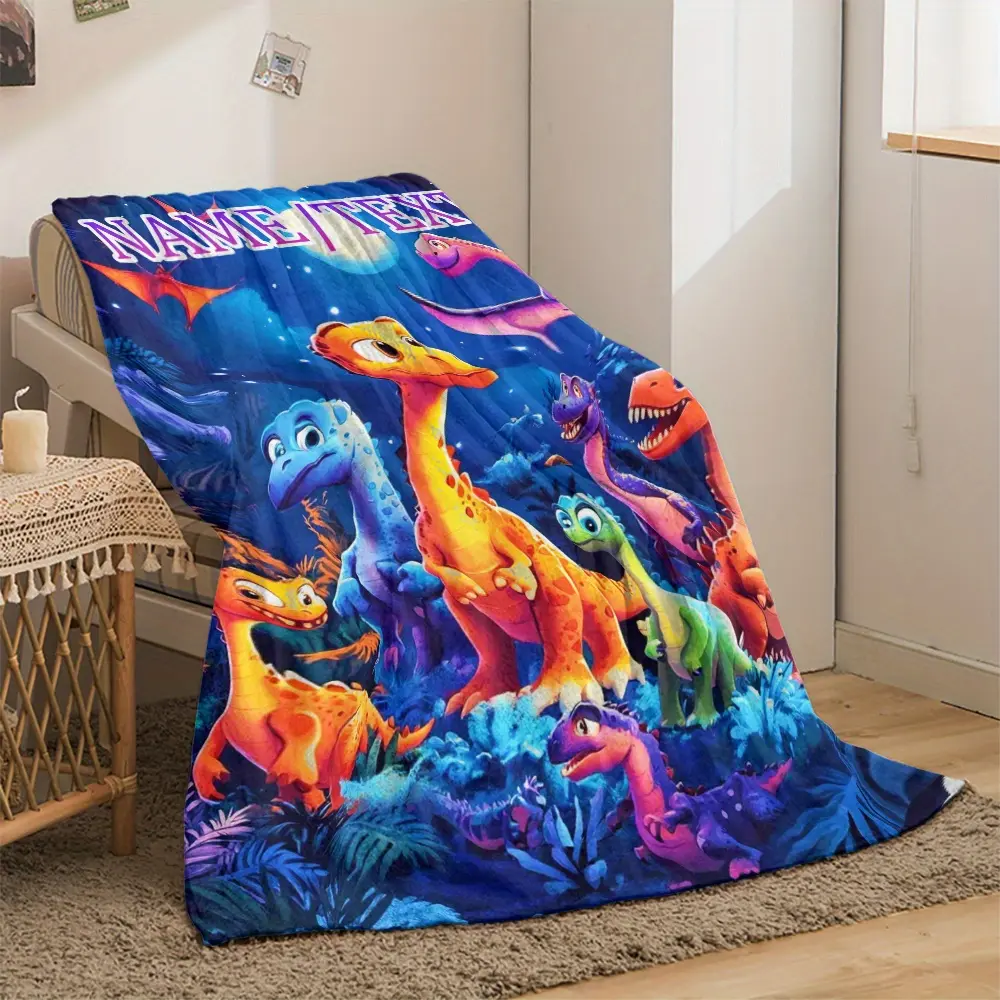 Customized Cartoon Dinosaur Flannel Throw Blanket - Personalized Name & Text, Soft Warm Polyester Fleece, Digital HD Print, Available in 50x76cm(20×30inch), 80×120cm(32×48inch), 100×130cm(40×50inch), Ideal for Sofa & Bed, Festive Home Gift for Family