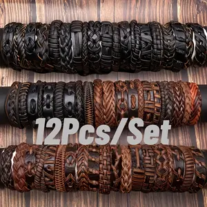 12Pcs Set Of Vintage Pu Leather Bracelets, Featuring Black And Brown Woven Patterns. Suitable for Both Men And Women, These Bracelets Are Perfect for Parties And Special Occasions, And Can Be Worn All Year Round.