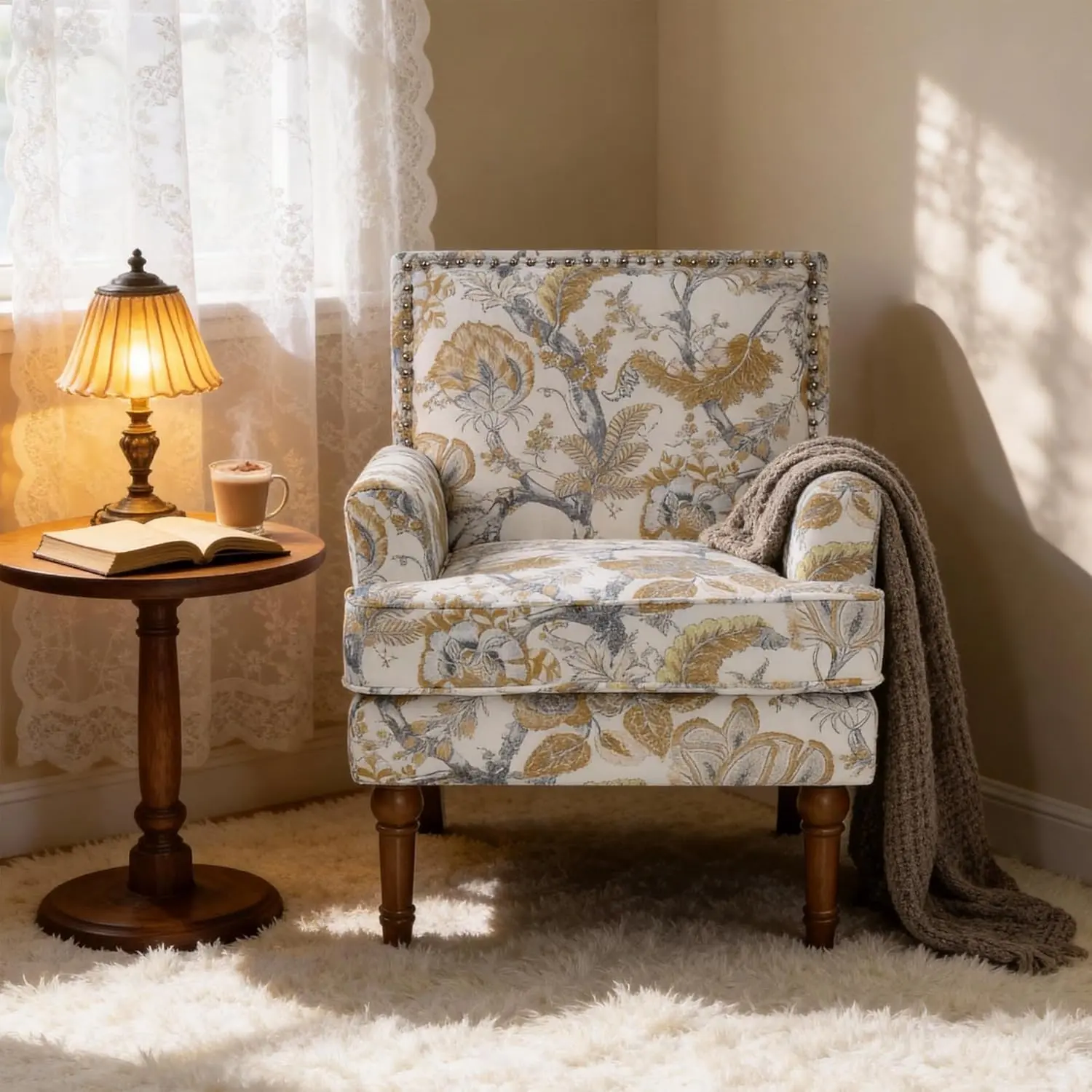 DUXELIFIN Earthy Yellow Floral Accent Armchair - 28.5x27x34", High Back, Nailhead Trim, Comfy Wood+Fabric Upholstered, Solid Wood Legs, Easy Setup, Contemporary Home Decor Living Room Reading Corner Furniture