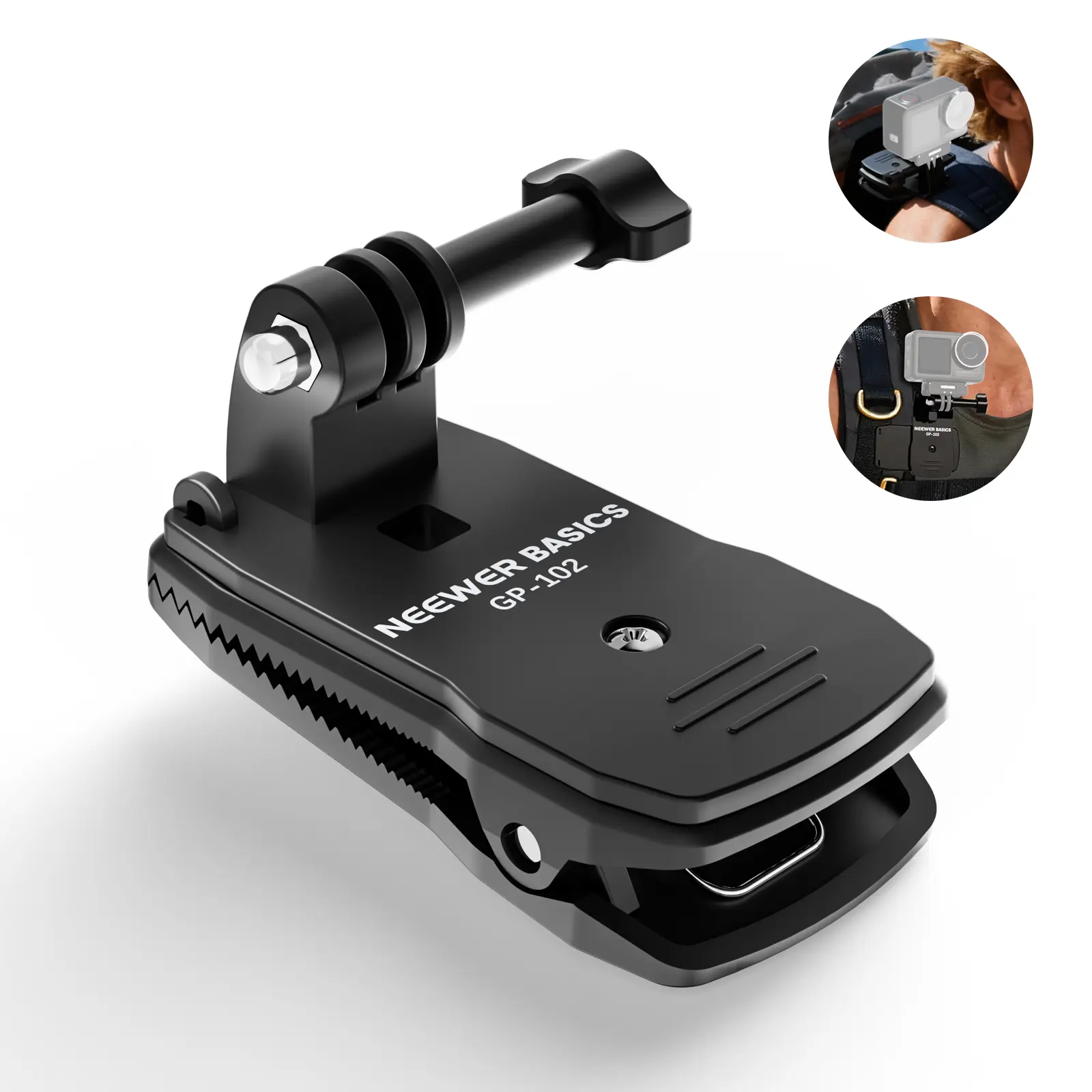 NEEWER GP-102 Backpack Strap Clip Clamp Mount Holder with 3-Prong Adapter & 360° Rot, Compatible with GoPro Hero, Insta360, DJI, AKASO Action Cameras for POV Video Recording