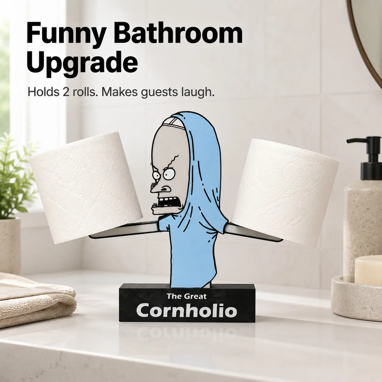The Great Cornholio Toilet Paper Holder - Durable Bathroom Accessory, Funny Novelty Bathroom Decor, 90s Nostalgia Gag Gift for Father's Day, Brothers, Boyfriends, Millennials, Tissue Holder