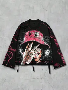 Y2K Vintage Distressed Pop Art Long Sleeve T-Shirt, High Street Ripped Design, Loose-Fitting Short Top, All Seasons Fashion