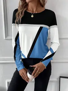 A new women's pullover round-neck contrast stitched geometric print top women's T-shirt Casual
